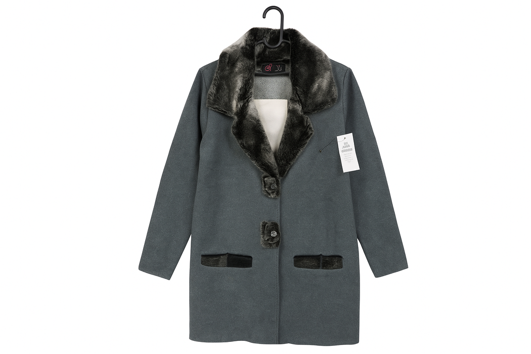 Slate Grey Wool Coat with Faux Fur Collar